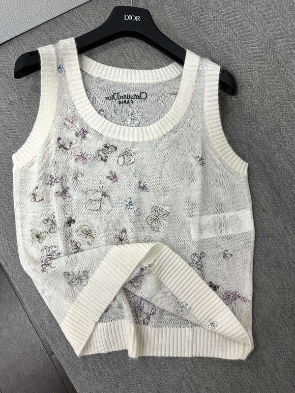 CD Butterfly Embroidered Vest White Alpaca Wool Cashmere 345333