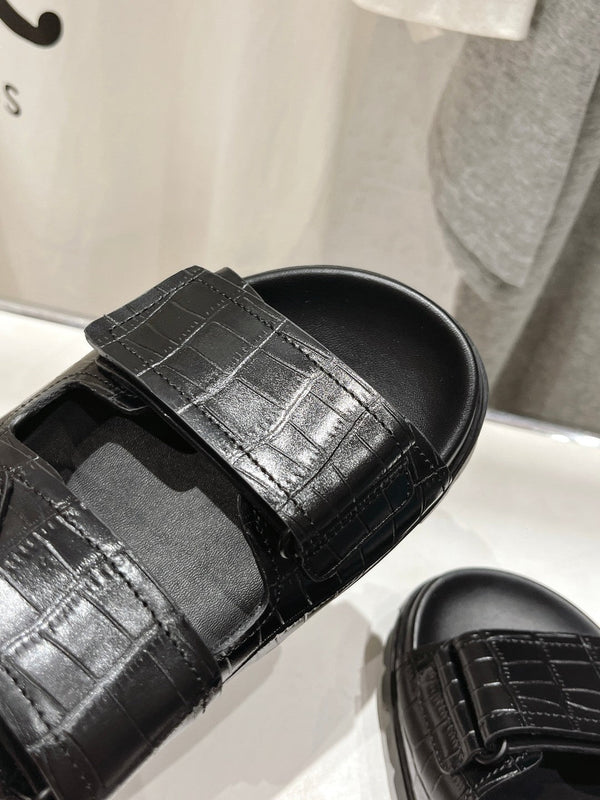 PRA CROCODILE LEATHER MOTIF SANDALS BLACK CALFSKIN