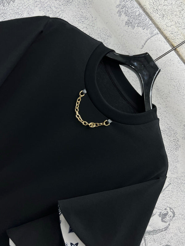 LV 25 Lotus Leaf Short Sleeve Dress Black Cotton