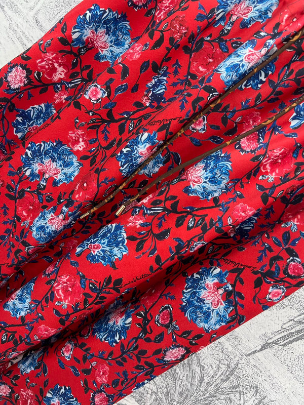 LV 25 Elastic Waist Old Flower Leather Skirt Red Poliester