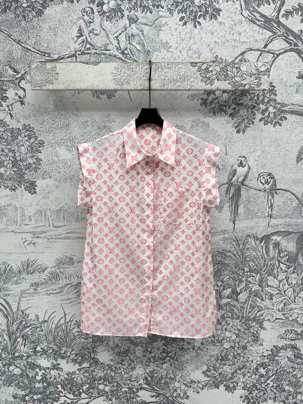LV 25 Retro Hong Kong Small Flying Sleeve Shirt Pink Black Blue Viscose Rayon