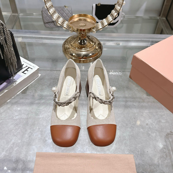 Miu 25C Mary Jane 75MM Beige Cream Mix Brown Fabric 235367