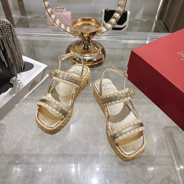 Roger Vivier Wedge Sandals 6cm Sliver Beige Lambskin Raffia 679797