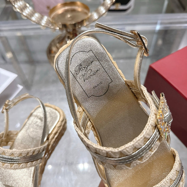Roger Vivier Wedge Sandals 6cm Sliver Beige Lambskin Raffia 679797