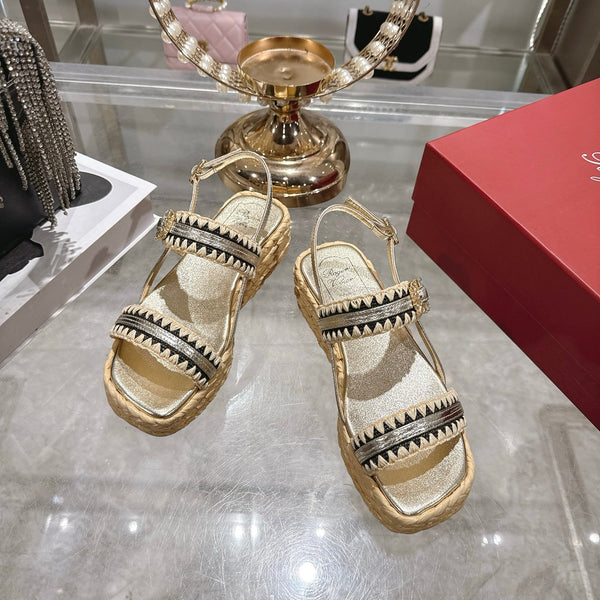 Roger Vivier Wedge Sandals 6cm Gold Black Lambskin Raffia 679798