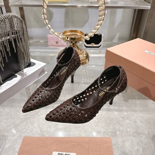 Miu 26s Strappy Pumps 7.5cm Chocolate Sheepskin 679776