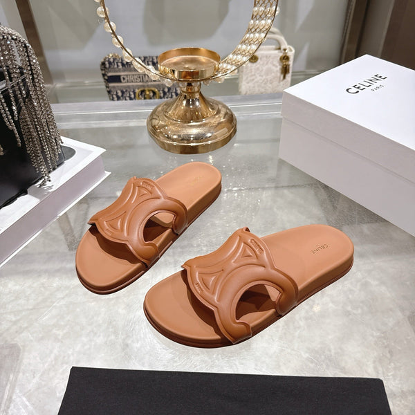 Celine 26s Triomphe Slide Tan Brown Sheepskin 679830