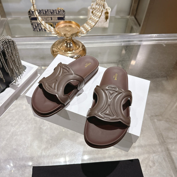 Celine 26s Triomphe Slide Chocolate Sheepskin 679832