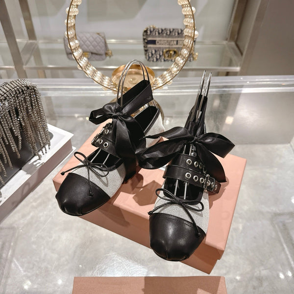 Miu 26s Ballerinas Beige Black Canvas Leather 679790