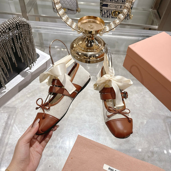Miu 26s Ballerinas Beige Brown Canvas Leather 679791