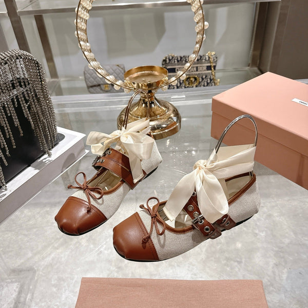 Miu 26s Ballerinas Beige Brown Canvas Leather 679791