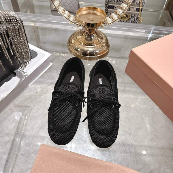 Miu 26s Boat Shoe Black Mesh Suede 679793
