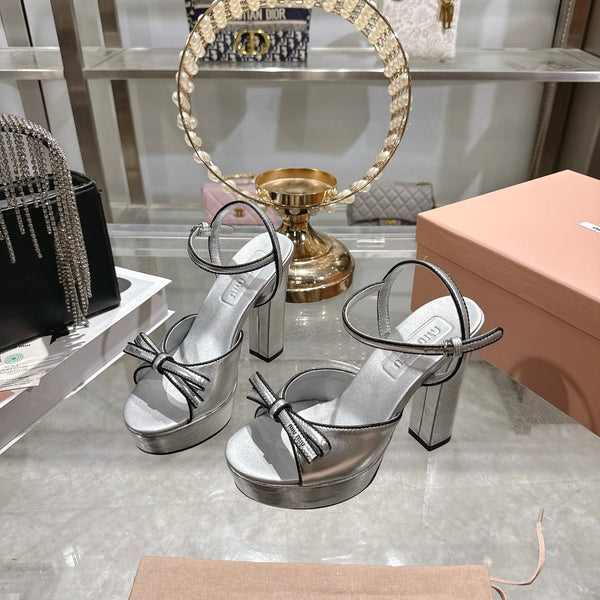 Miu Platform Sandal 12cm With Bow Sliver Leather 751320
