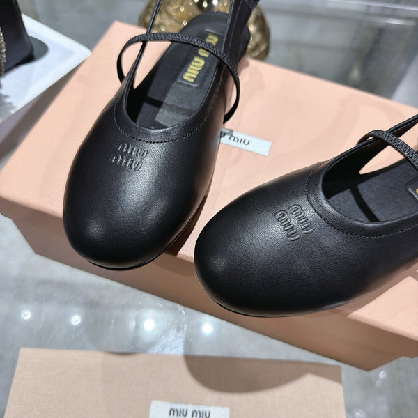 Miu Slingback Flats Black Leather 901738