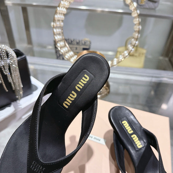 Miu 26s Thong Sandal 6.5cm Black Satin Leather 951525