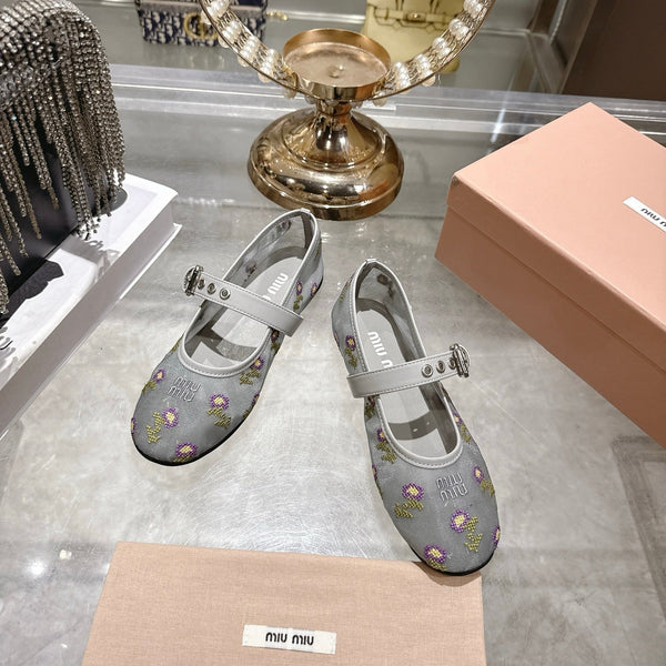 Miu 26s Embroidered Ballerinas Grey Mesh 951511