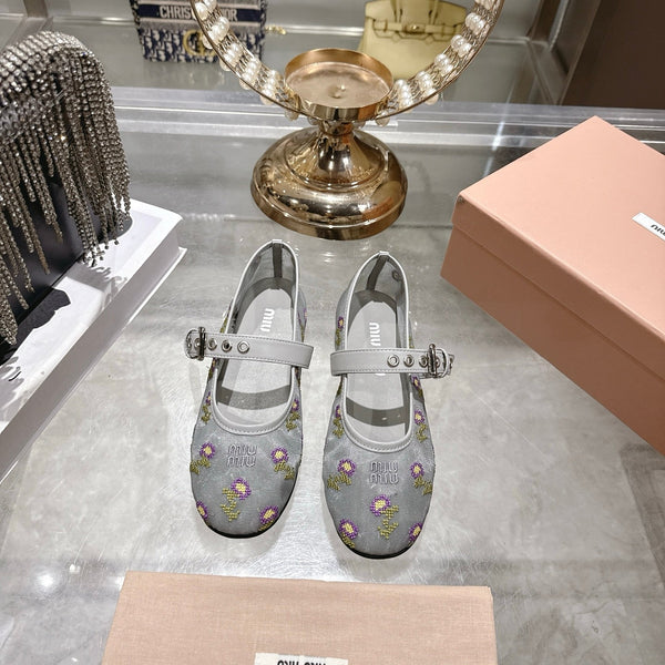 Miu 26s Embroidered Ballerinas Grey Mesh 951511