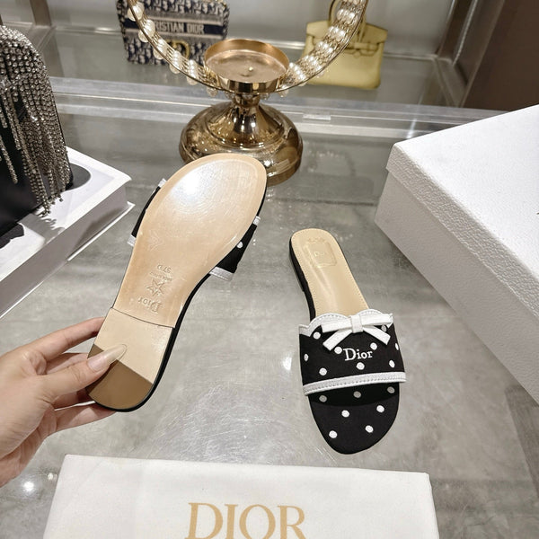 CD Dway Flat Sandal Polka Dior Black Motif Cotton Leather 951360