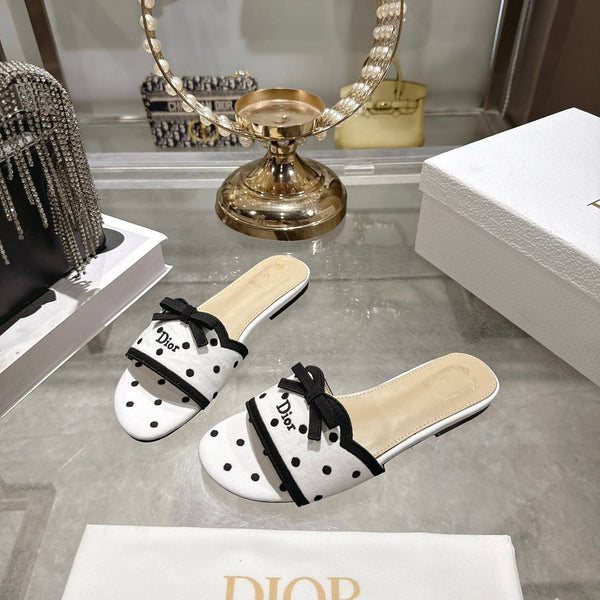 CD Dway Flat Sandal PolkaDior White Motif Cotton Leather 951362