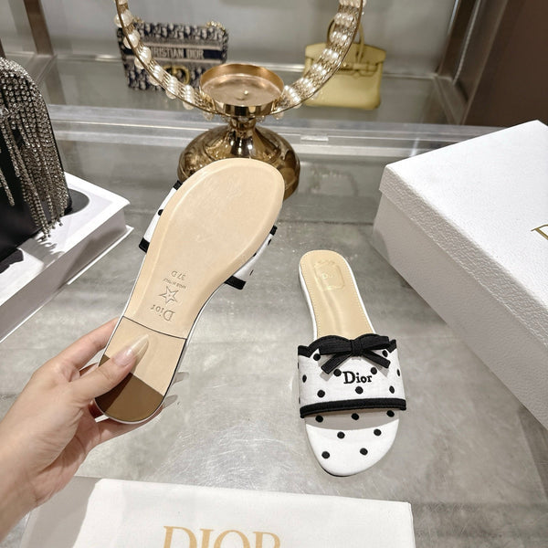 CD Dway Flat Sandal PolkaDior White Motif Cotton Leather 951362