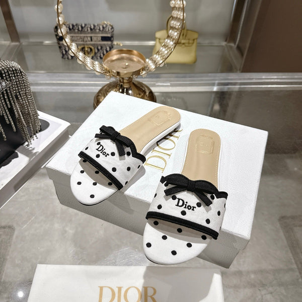 CD Dway Flat Sandal PolkaDior White Motif Cotton Leather 951362