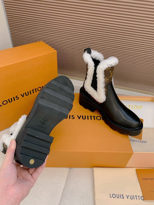 LV 25 Beaubourg Ankle Boots 40mm Black Brown Monogram Canvas & Cowhide Fur 556842