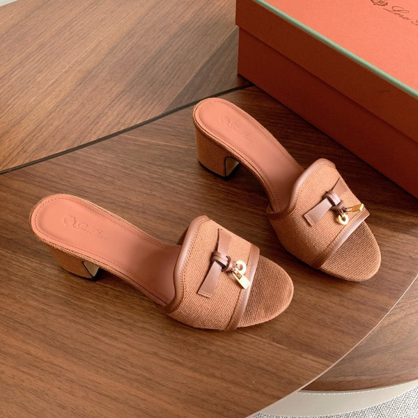 LP 26s Summer Mule Heels 60mm In Dusty Rose Brown Canvas & Calfskin