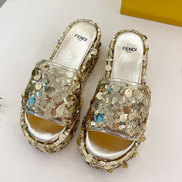 FENDI THICK SOLE 6 CM SEQUIN SLIPPER GOLD