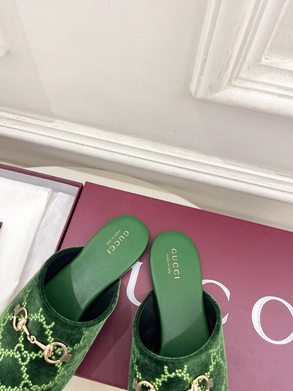 GG 26 Horsebit Flat Mules Rhinestones Dark Green Velvet 587082