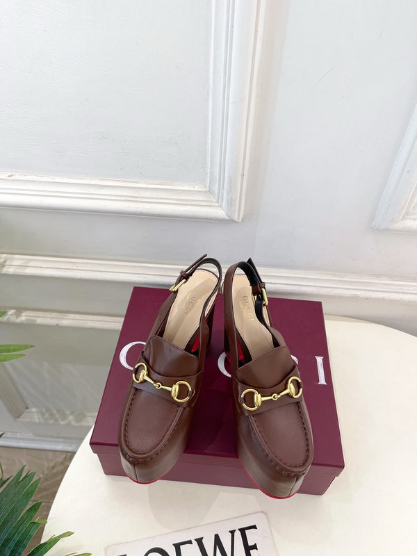 GG Horsebit Platform Loafer Slingback Brown Leather 640264