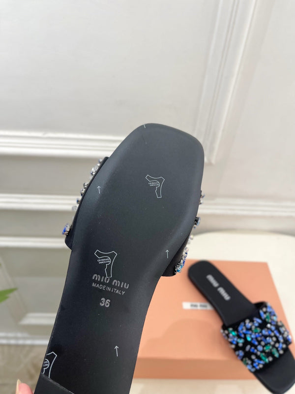 Miu 26s Rhinestone Flat Sandals Black Sheepskin Silk 891869