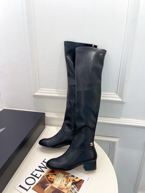 CC 26S Logo Overtheknee Boots 4cm Black Leather 111846