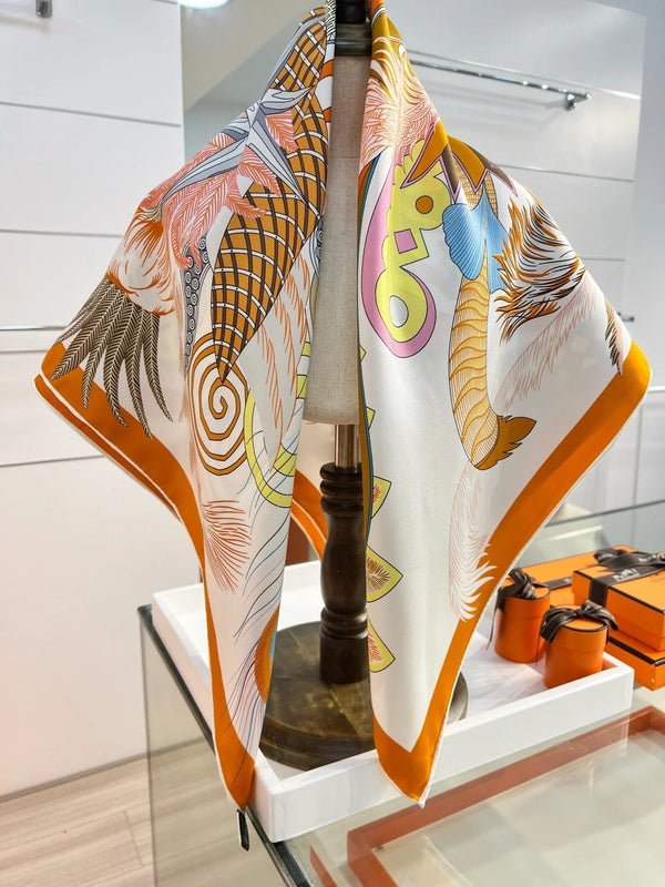 HM 26s 90 Double-sided Scarf White Orange Colorful Mulberry Silk 157529
