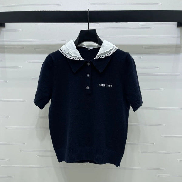 Miumiu 2026 Pan Collar Knit Short-Sleeve T-Shirt Gray and Navy Blue Wool