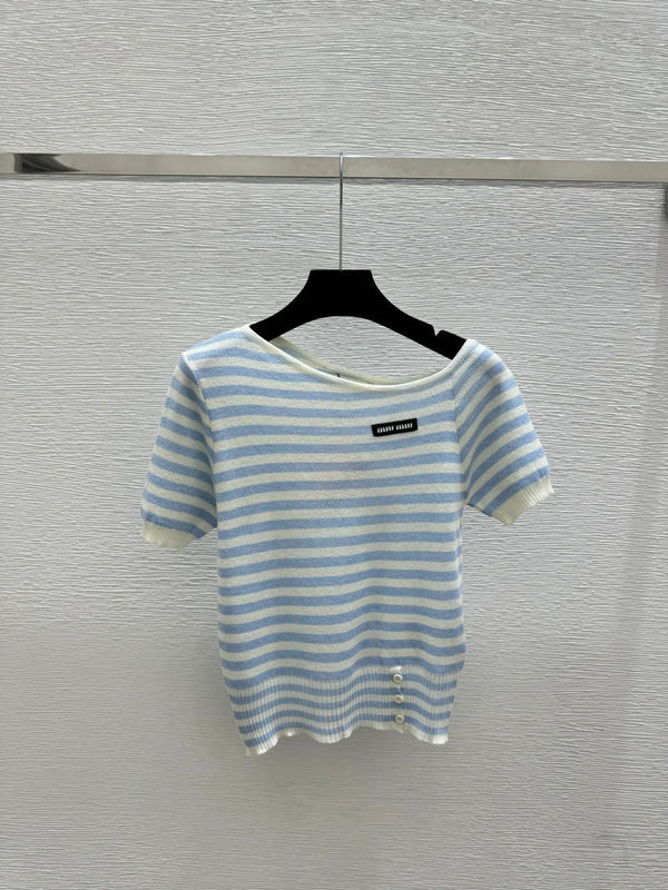 Miumiu 2026 Striped Knit Short-Sleeve Blue and Black Wool Polyester 132745