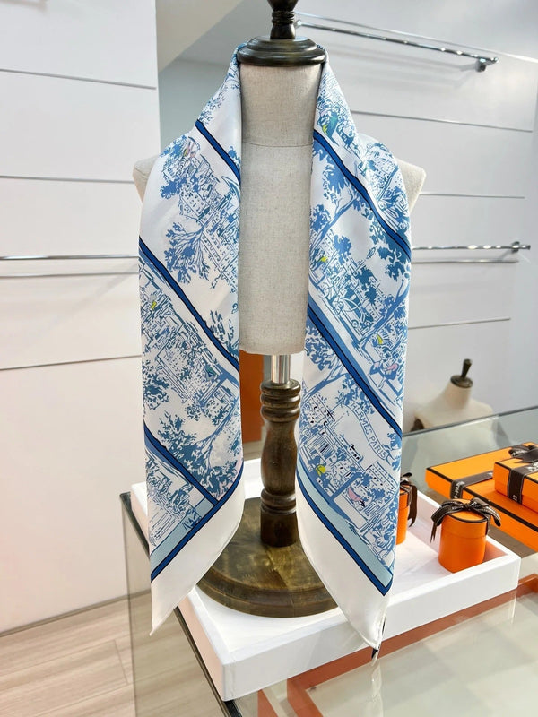 HM 26s Knitting Scarf 90 White Blue Colorful Mulberry Silk 147543