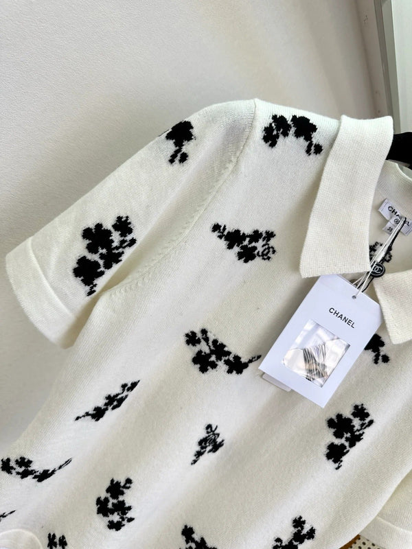 Chanel 2026 Floral Print Polo Shirt Black and White Cotton