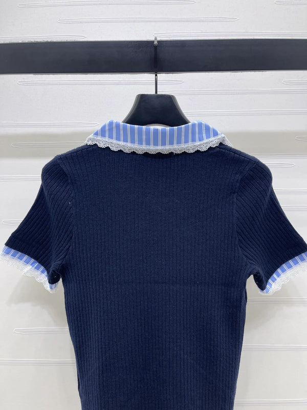 Miumiu 2026 Ribbed Knit Top With Striped Collar Blue Wool 352525