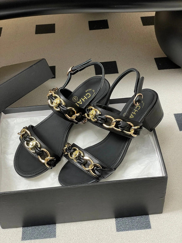 CC 26s Buckle Chain Sandals 55 Black Sheepskin 649474
