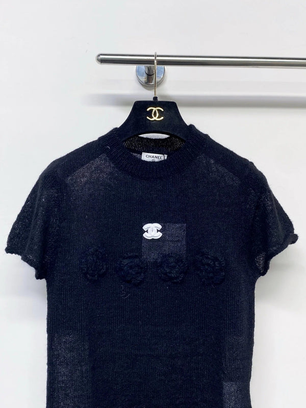 Chanel 2026 Floral Short Sleeve T-shirt Black and Beige Wool