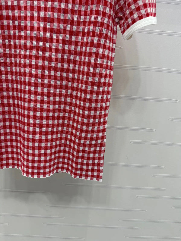 MIUMIU CREW NECK SHORT-SLEEVE PLAID KNIT TOP 274834