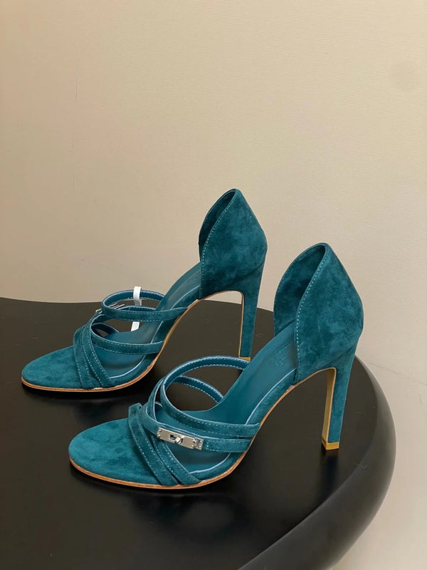 HM 25S HIGH-HEEL SANDAL 105 MM IN DARK BLUE SUEDE