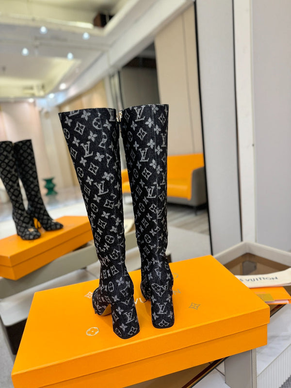 LV High Boots 85 Monogram Black Denim 573734