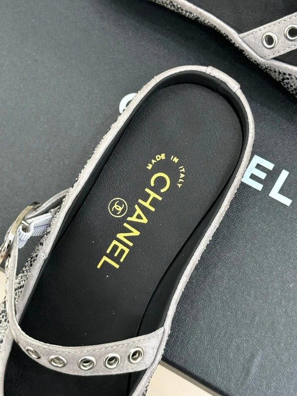 CC Flat Mules 25ss In Grey Embellished With Rhinestones