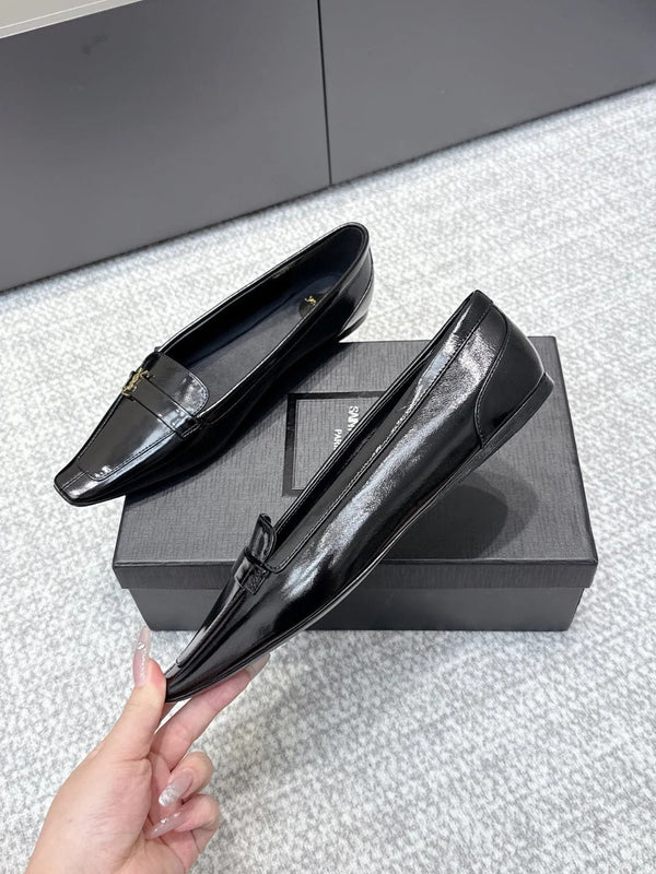 YSL 26ss Square Toe Loafers Black Glossy Leather 662729