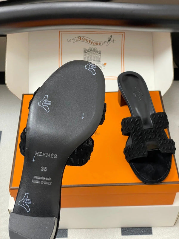 HM 25S ORAN HIGH‑HEEL SANDAL IN BLACK SUEDE AND LAMBSKIN