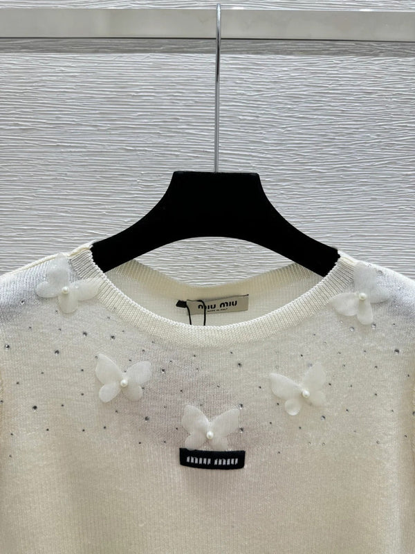 Miumiu 2026 Butterfy Short-sleeve Top Yellow Cream Pink Wool Silk
