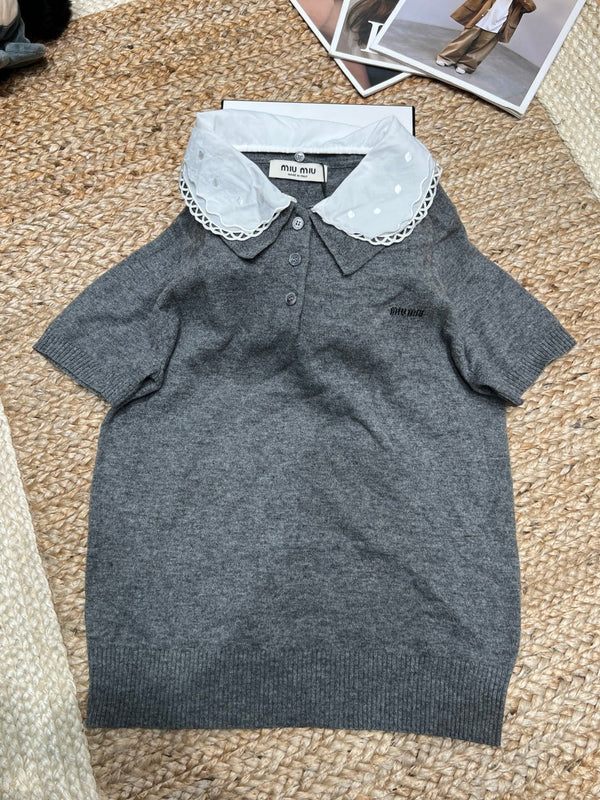 Miumiu 2026 Embroidered Poplin Collar Polo Gray Wool