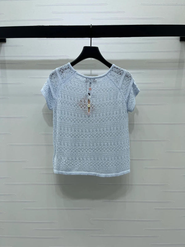 Miumiu 2026 Hollowed-out Knit Top Blue White Wool Polyester