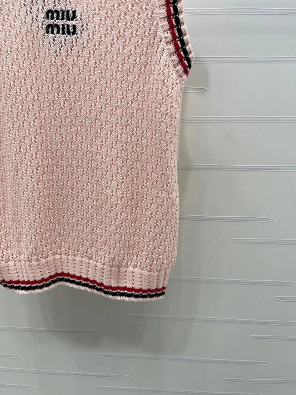 Miumiu 2026 V-neck Openwork Knit Vest Pink Wool 299316
